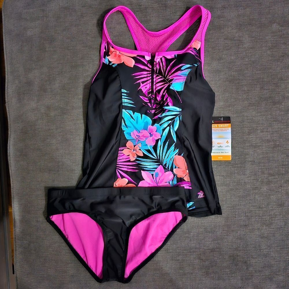 ZeroXposur Plumeria Scuba Tankini Top & ZeroXposur solid Shaper Black bottom S